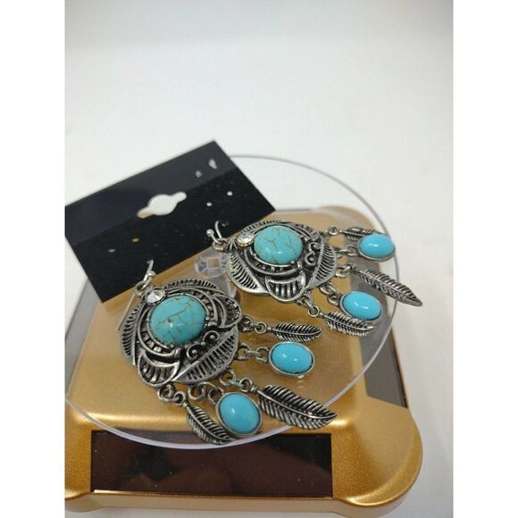 Dangly Earrings American Southwest USA Style Turquoise with Feathers and Stone - Picture 3 of 5